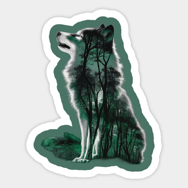 Green Wolf is Filled with a Forest Scene Sticker by animegirlnft